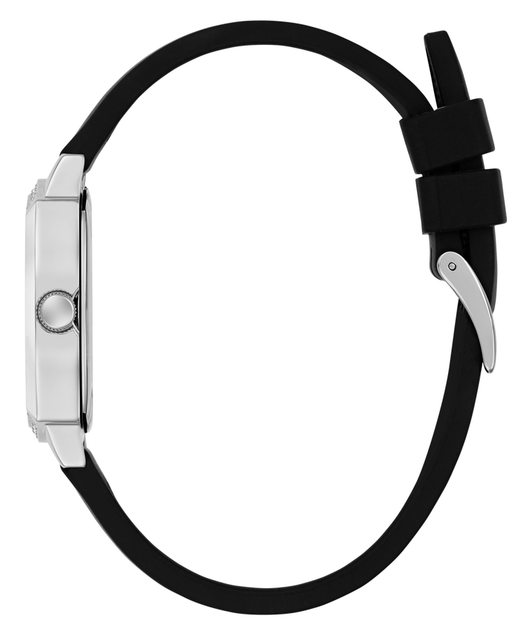 GUESS Ladies Black Silver Tone Analog Watch strap with silver clasp on a white background