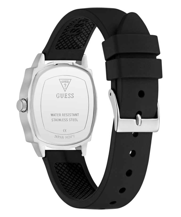 GUESS Ladies Black Silver Tone Analog Watch with silver case and visible brand logo on a white background