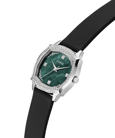 GUESS Ladies Black Silver Tone Analog Watch with a green face and black strap on a white background lifestyle