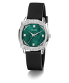 GUESS Ladies Black Silver Tone Analog Watch with green face and black strap on white background