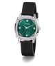 GUESS Ladies Black Silver Tone Analog Watch with green face and black strap on white background