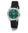 GUESS Ladies Black Silver Tone Analog Watch with green face and black strap on white background