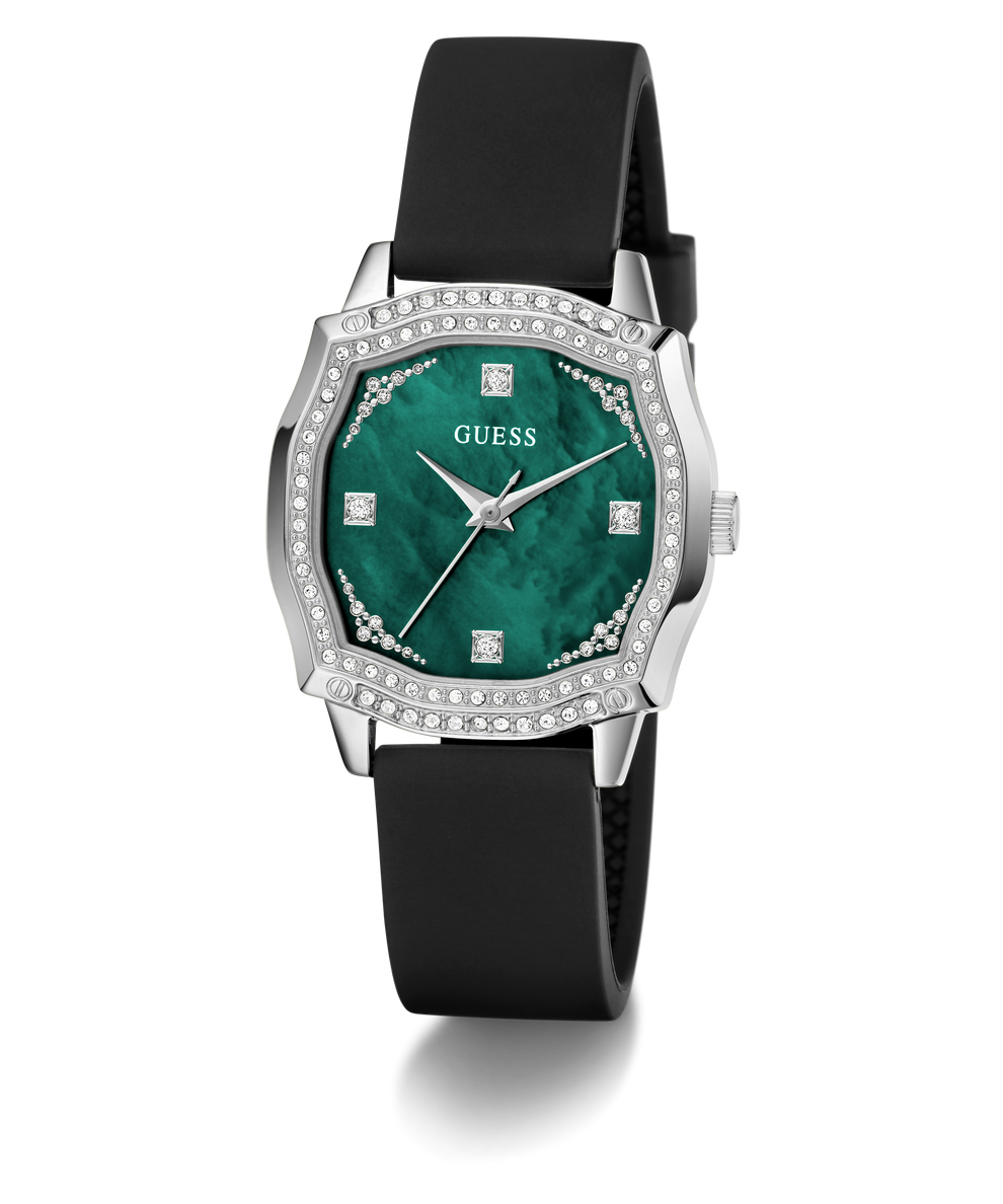 GUESS Ladies Black Silver Tone Analog Watch with green face and black strap on white background