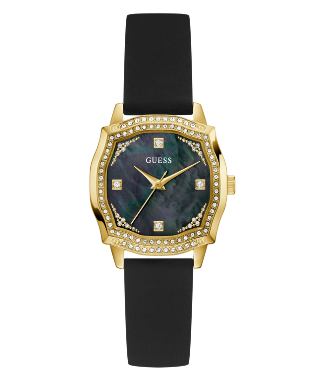 GUESS Ladies Black Gold Tone Analog Watch with black strap and gold case on a white background