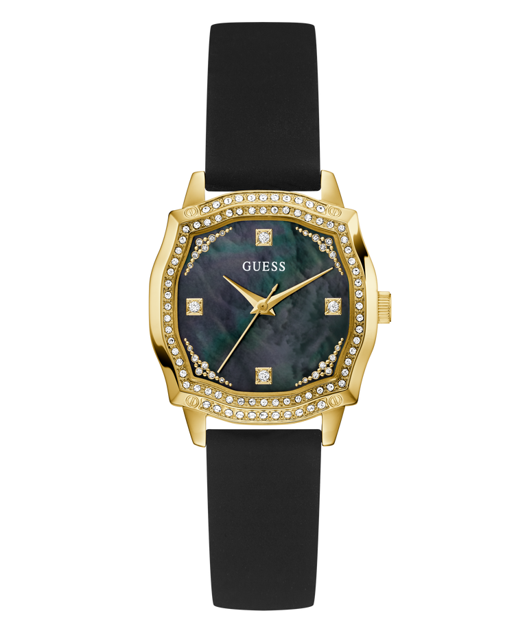 GUESS Ladies Black Gold Tone Analog Watch with black strap and gold case on a white background