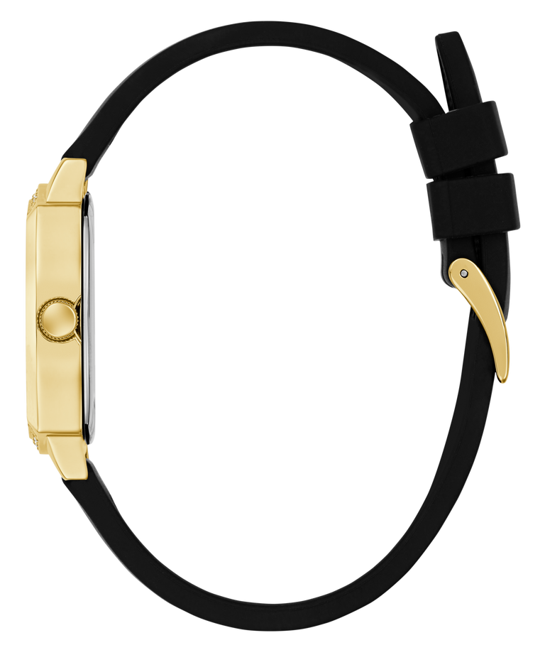 GUESS Ladies Black Gold Tone Analog Watch with black strap and gold case on a white background