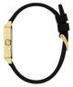 GUESS Ladies Black Gold Tone Analog Watch with black strap and gold case on a white background