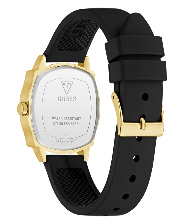 GUESS Ladies Black Gold Tone Analog Watch with black strap and gold case on a white background