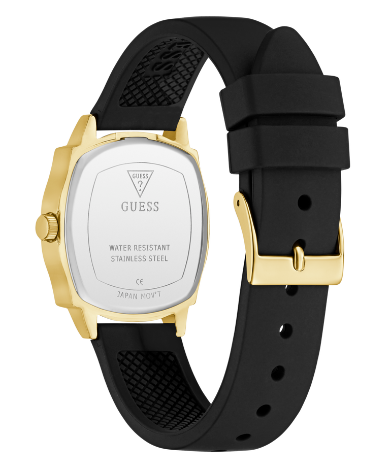 GUESS Ladies Black Gold Tone Analog Watch with black strap and gold case on a white background