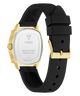 GUESS Ladies Black Gold Tone Analog Watch with black strap and gold case on a white background