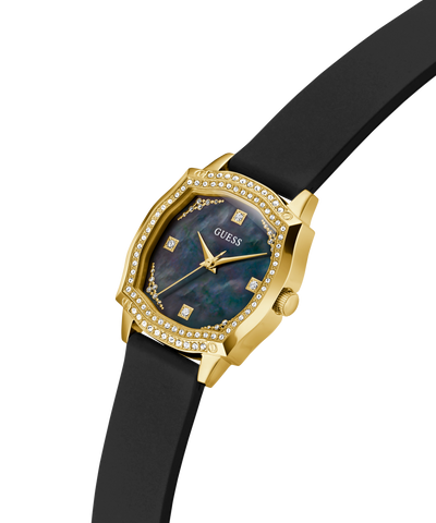 Gold watch with black strap and diamond-like accents on a white background lifestyle