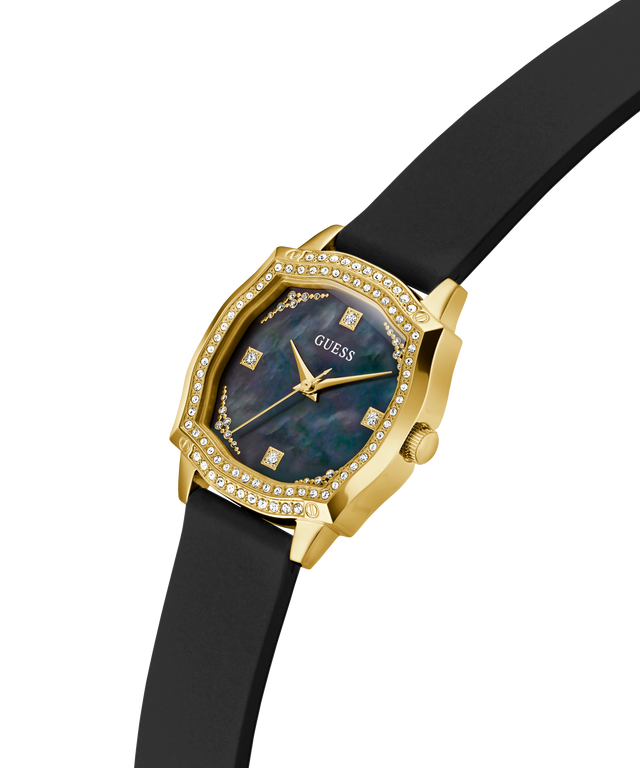Gold watch with black strap and diamond-like accents on a white background lifestyle
