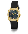 GUESS Ladies Black Gold Tone Analog Watch with black strap and gold case on a white background