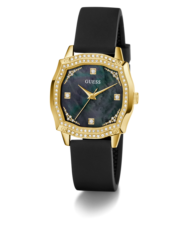 GUESS Ladies Black Gold Tone Analog Watch with black strap and gold case on a white background