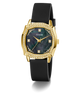 GUESS Ladies Black Gold Tone Analog Watch with black strap and gold case on a white background