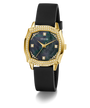 GUESS Ladies Black Gold Tone Analog Watch with black strap and gold case on a white background