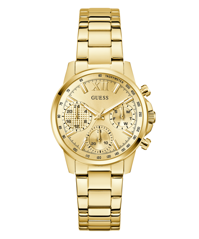 Gold GUESS Ladies Gold Tone Multi-function Watch with a detailed face on a white background