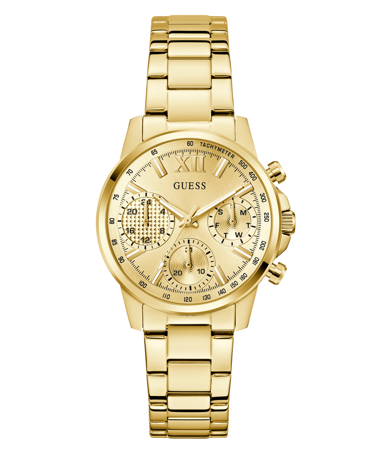 Gold GUESS Ladies Gold Tone Multi-function Watch with a detailed face on a white background