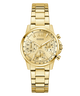 Gold GUESS Ladies Gold Tone Multi-function Watch with a detailed face on a white background