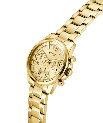 Gold GUESS Ladies Gold Tone Multi-function Watch with a visible brand logo on a white background lifestyle