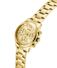 Gold GUESS Ladies Gold Tone Multi-function Watch with a visible brand logo on a white background lifestyle