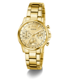 Gold GUESS Ladies Gold Tone Multi-function Watch with a detailed face on a white background