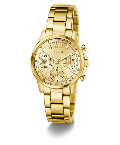 Gold GUESS Ladies Gold Tone Multi-function Watch with a detailed face on a white background
