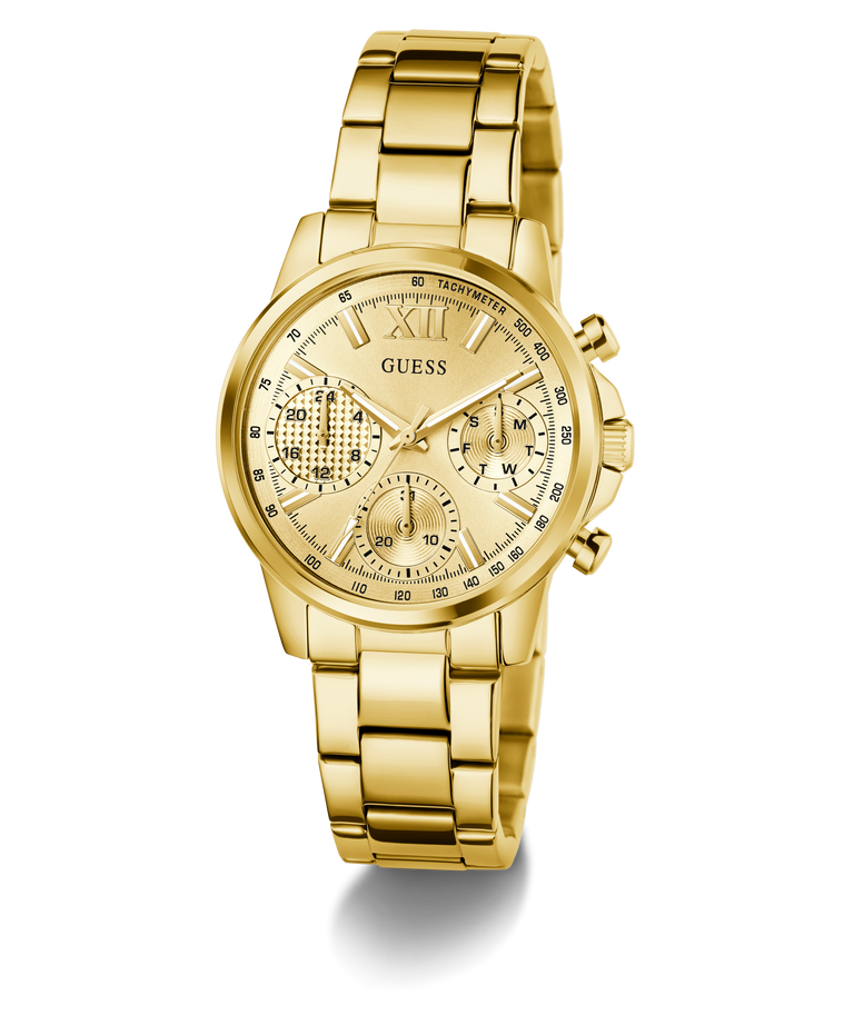 Gold GUESS Ladies Gold Tone Multi-function Watch with a detailed face on a white background