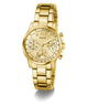 Gold GUESS Ladies Gold Tone Multi-function Watch with a detailed face on a white background