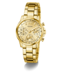 Gold GUESS Ladies Gold Tone Multi-function Watch with a detailed face on a white background