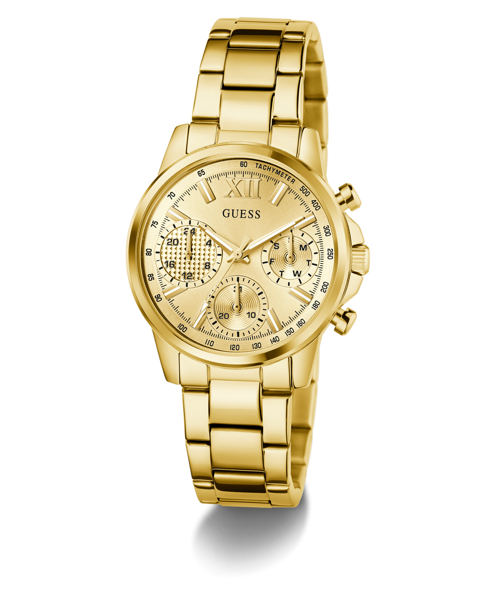 Gold GUESS Ladies Gold Tone Multi-function Watch with a detailed face on a white background