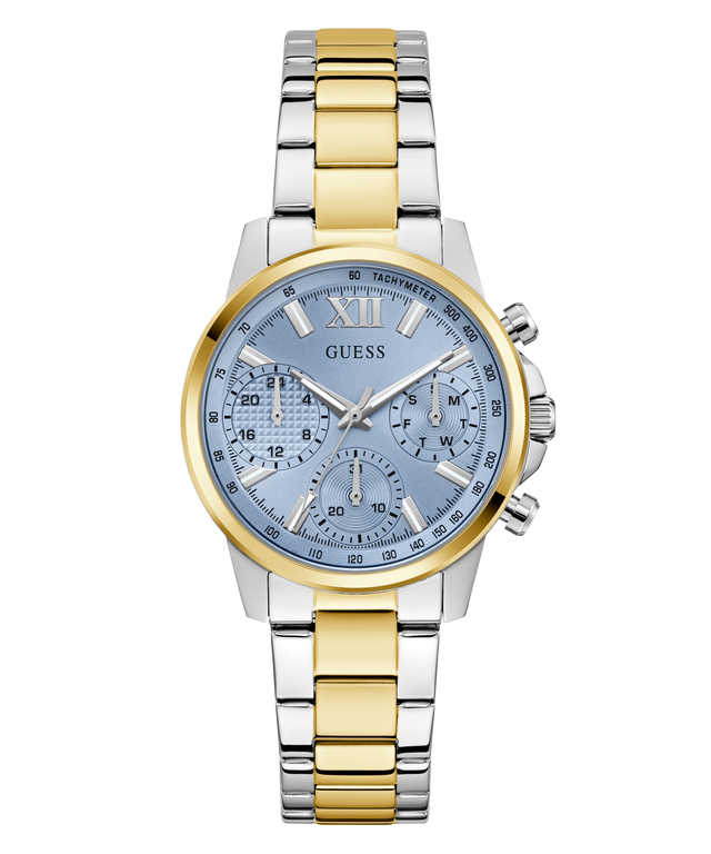 GUESS Ladies 2-Tone Multi-function Watch with silver and gold band on a white background