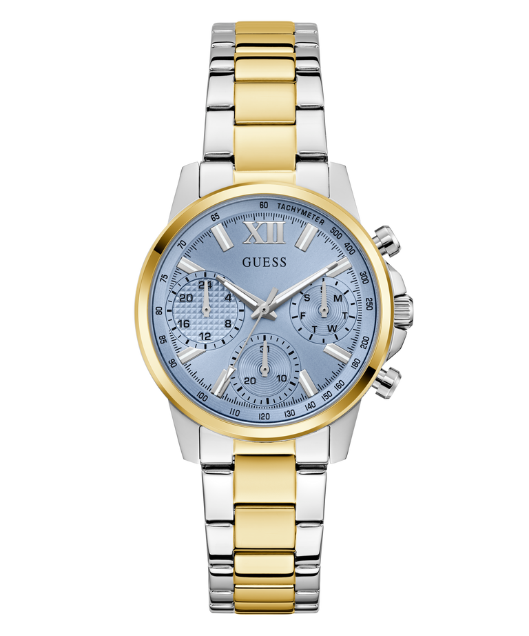 GUESS Ladies 2-Tone Multi-function Watch with silver and gold band on a white background