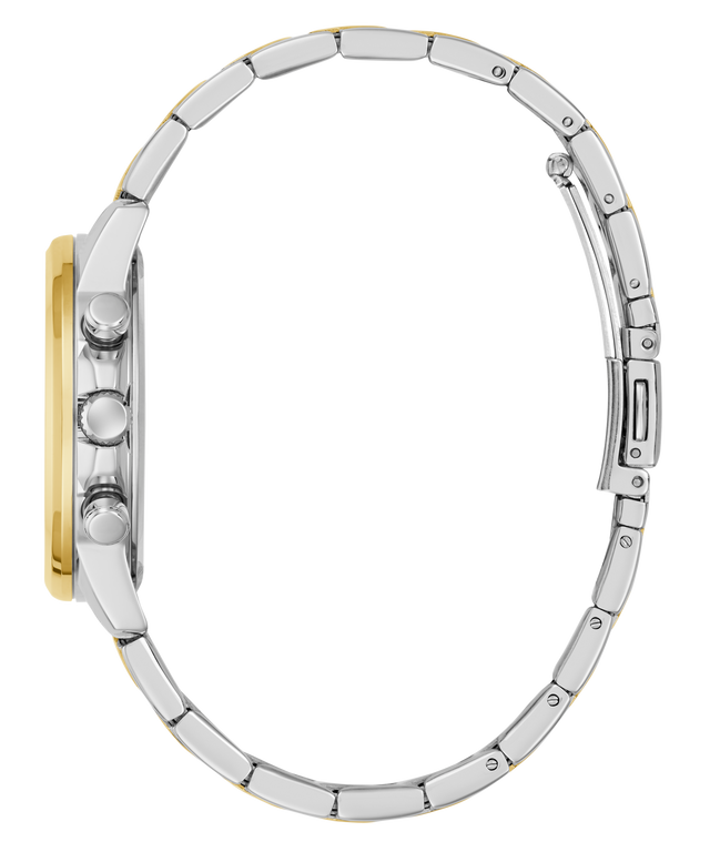 Close-up of a silver watch band with gold accents on a white background