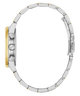 Close-up of a silver watch band with gold accents on a white background