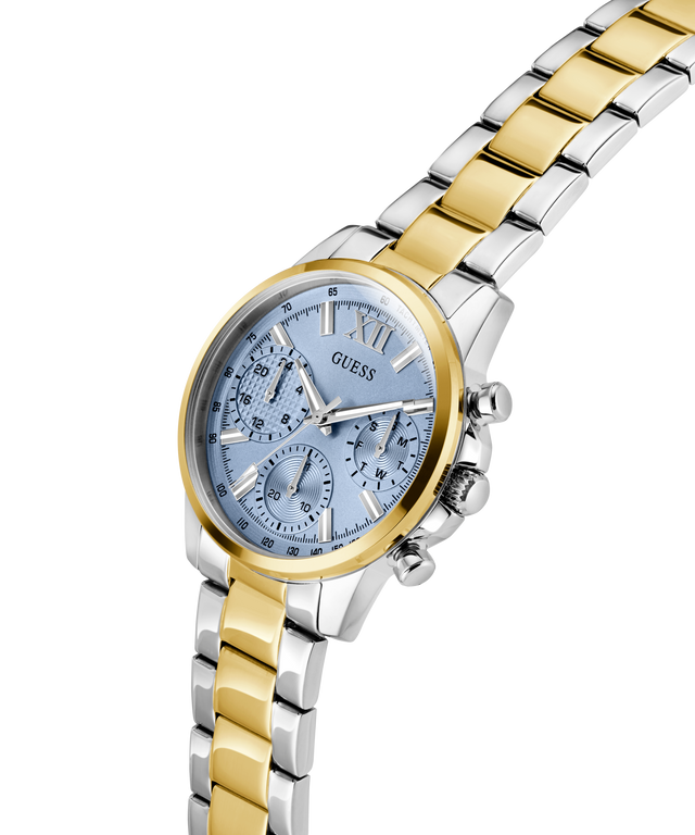 Two-tone gold and silver watch with a detailed face on a white background lifestyle