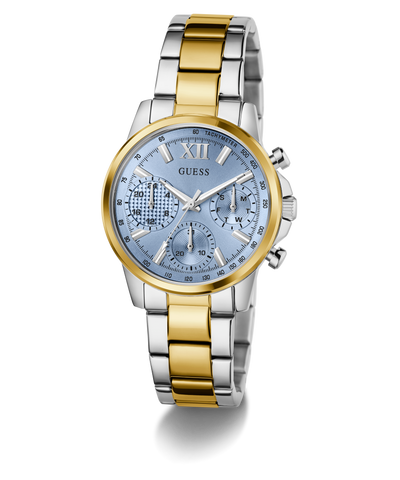 GUESS Ladies 2-Tone Multi-function Watch with a blue face on a white background