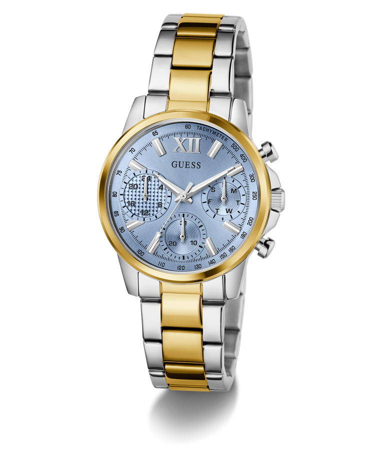 GUESS Ladies 2-Tone Multi-function Watch with a blue face on a white background