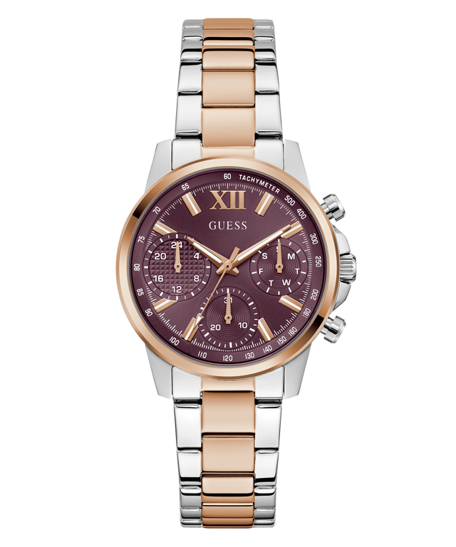 Two-tone watch with a cherry face on a white background