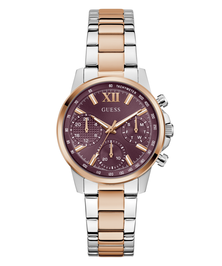 Two-tone watch with a cherry face on a white background