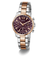 Two-tone Guess watch with a berry dial on a white background