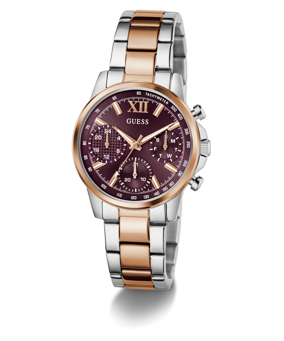 Two-tone Guess watch with a berry dial on a white background