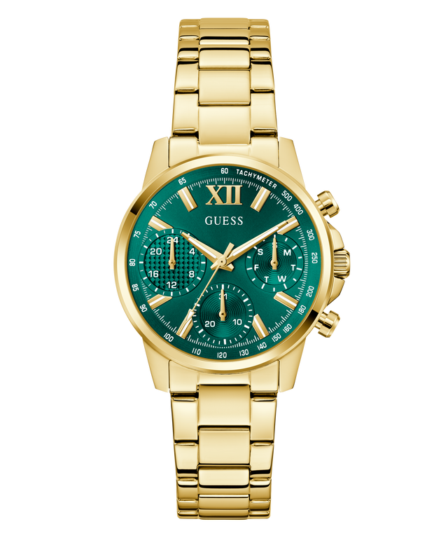 Gold GUESS Ladies Gold Tone Multi-function Watch with a green face on a white background