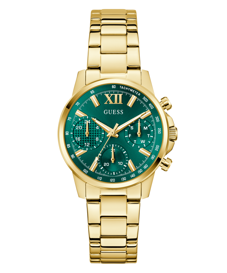 Gold GUESS Ladies Gold Tone Multi-function Watch with a green face on a white background