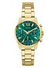 Gold GUESS Ladies Gold Tone Multi-function Watch with a green face on a white background