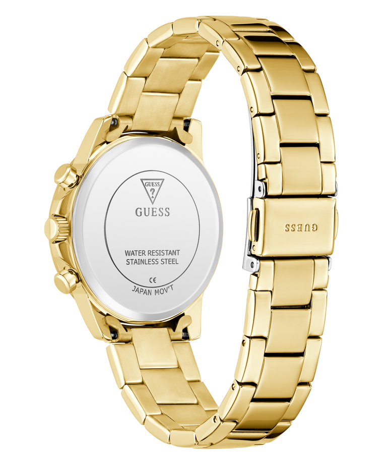 Gold GUESS Ladies Gold Tone Multi-function Watch with visible brand logo on a white background