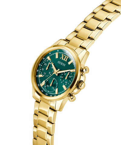 Gold GUESS Ladies Gold Tone Multi-function Watch with a green face on a white background lifestyle
