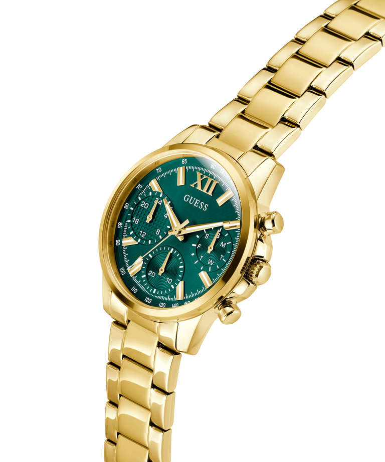 Gold GUESS Ladies Gold Tone Multi-function Watch with a green face on a white background lifestyle