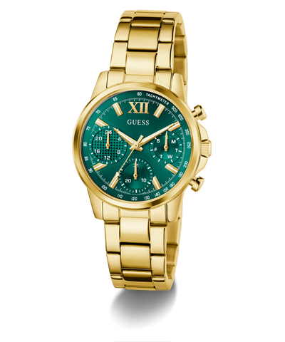 Gold GUESS Ladies Gold Tone Multi-function Watch with a green face on a transparent background