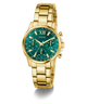 Gold GUESS Ladies Gold Tone Multi-function Watch with a green face on a transparent background
